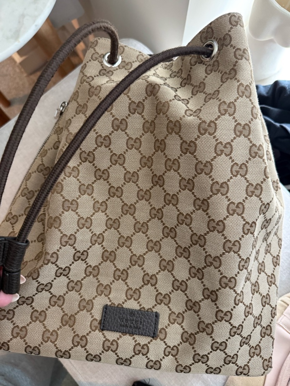 Gucci Brown GG Supreme Drawstring Backpack - Picture 2 of 7